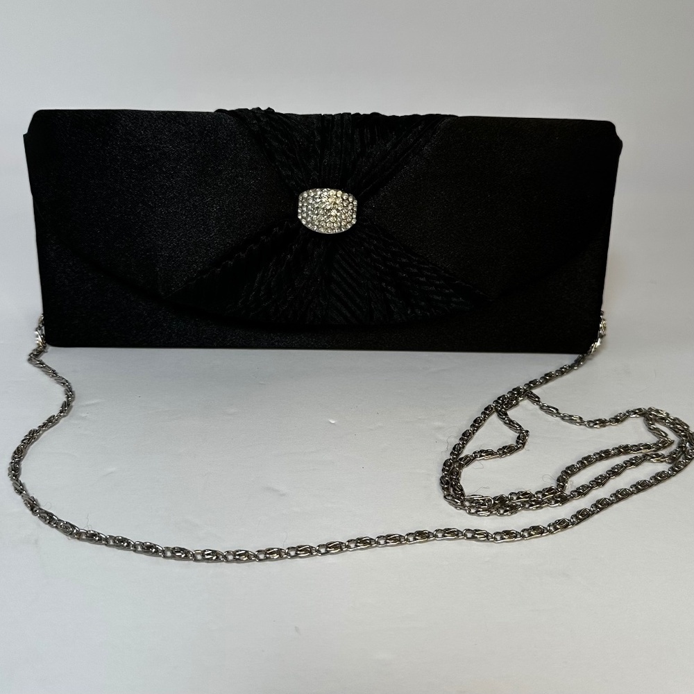 Vintage Black Satin Evening Clutch with Rhinestone Clasp & Chain Strap - Picture 4 of 8